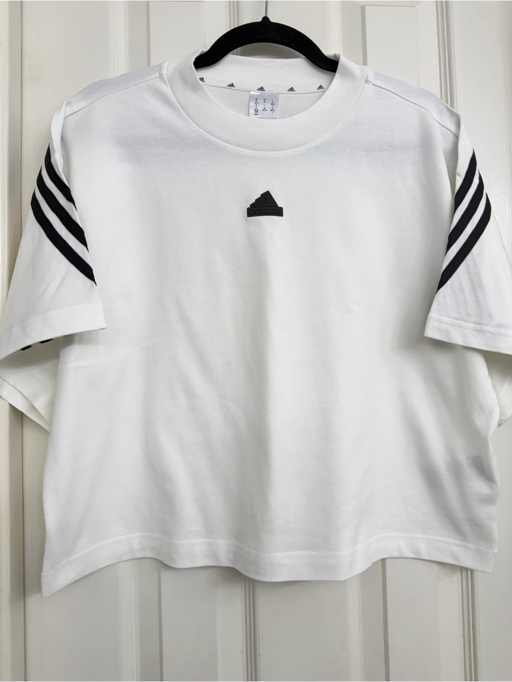 Adidas Women Crop Top White Short-Sleeve Tee with Black Stripe Detail